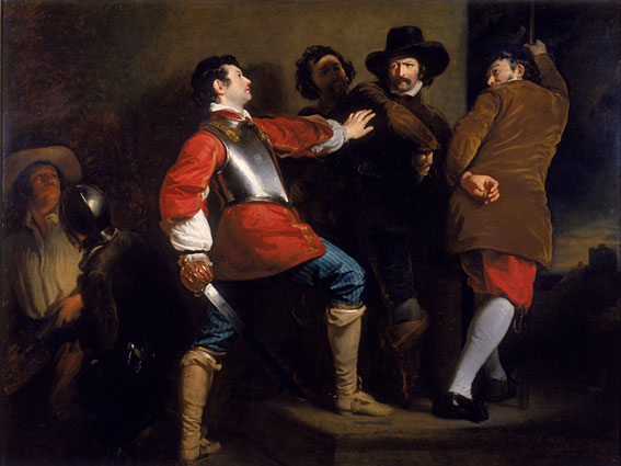 A painting of the discovery of Guy Fawkes. A royal guard, dressed in red, catches Guy Fawkes, dressed in black with a large black hat, in a cellar underneath the Houses of Parliament.