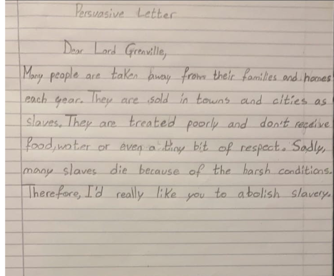 A persuasive letter written by a primary school child after doing a Victorian Britain audio experience