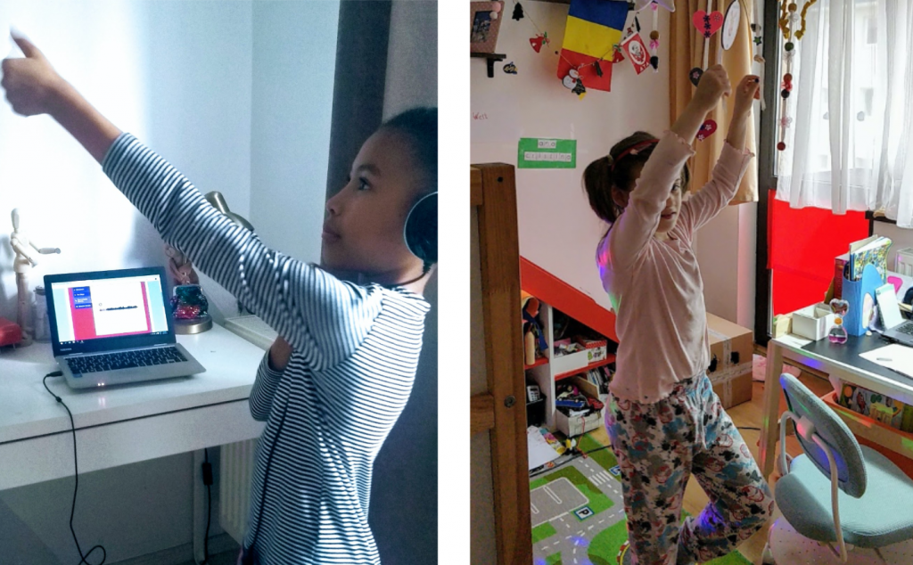 Two Verita International School students use Now Press Play At Home in their bedrooms in Romania.