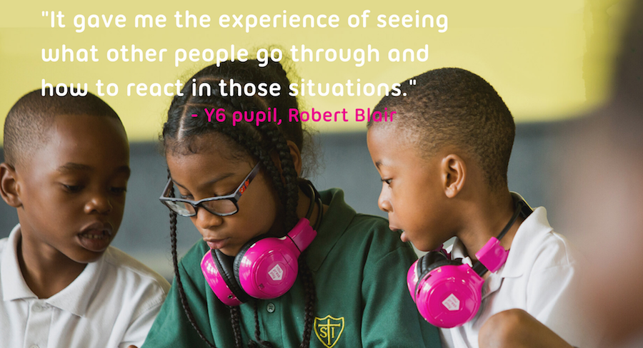 Three children help each other use Now Press Play, with a quote: "It gave me the experience of seeing what other people go through and how to react in those situations."