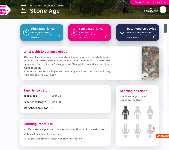 lockdown resource app screenshot showing menu bars and a stone age scene