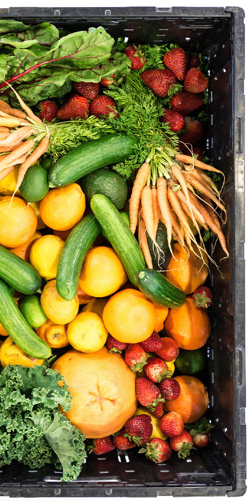 Photo of a box of vegetables and fruits, including cucumbers, carrots, strawberries, and more.