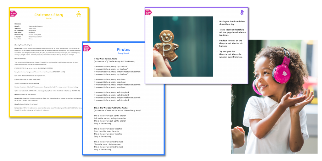 A selection of Now Press Play EYFS resources including a script, actions storyboard, and song sheet. Right: an EYFS student enjoys using Now Press Play with his class. He's wearing pink headphones and smiling.