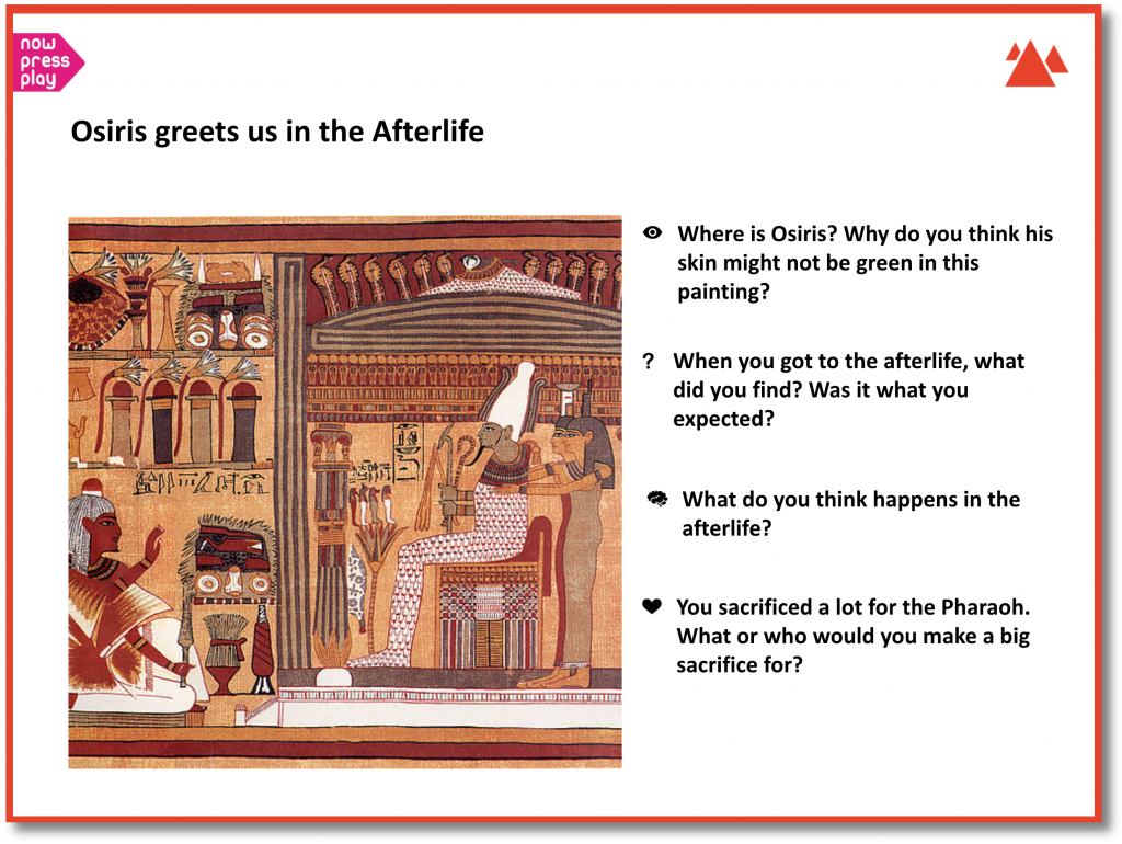 Slide showing an example of Storyboard Discussion questions from our Ancient Egypt deeper learning resource.