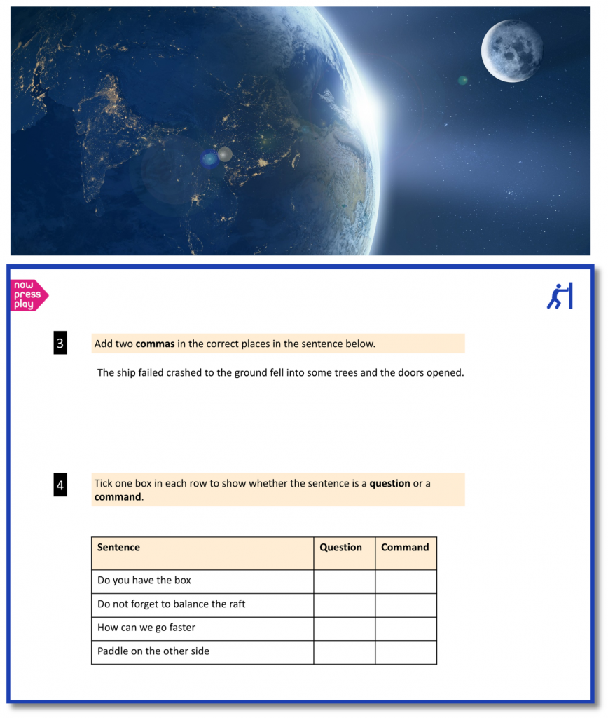 Slideshow showing Now Press Play KS2 Grammar & Punctuation questions linked to Forces topic