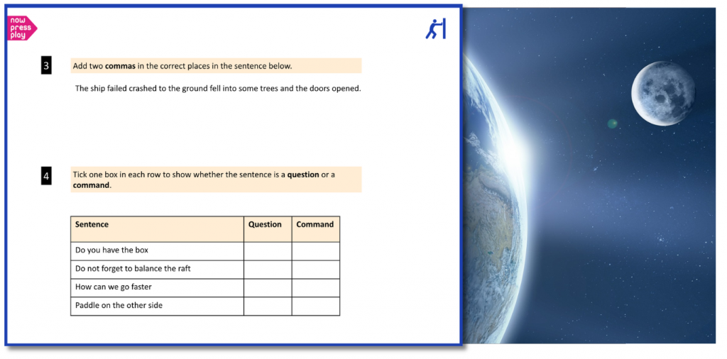 Slideshow showing Now Press Play KS2 Grammar & Punctuation questions linked to Forces topic