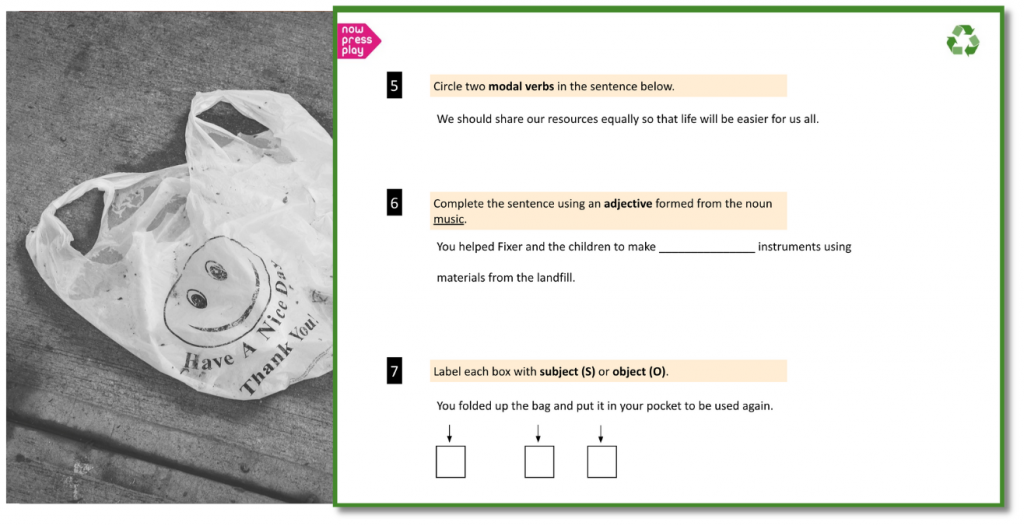 Slideshow showing Now Press Play KS2 Grammar & Punctuation questions linked to Recycling topic