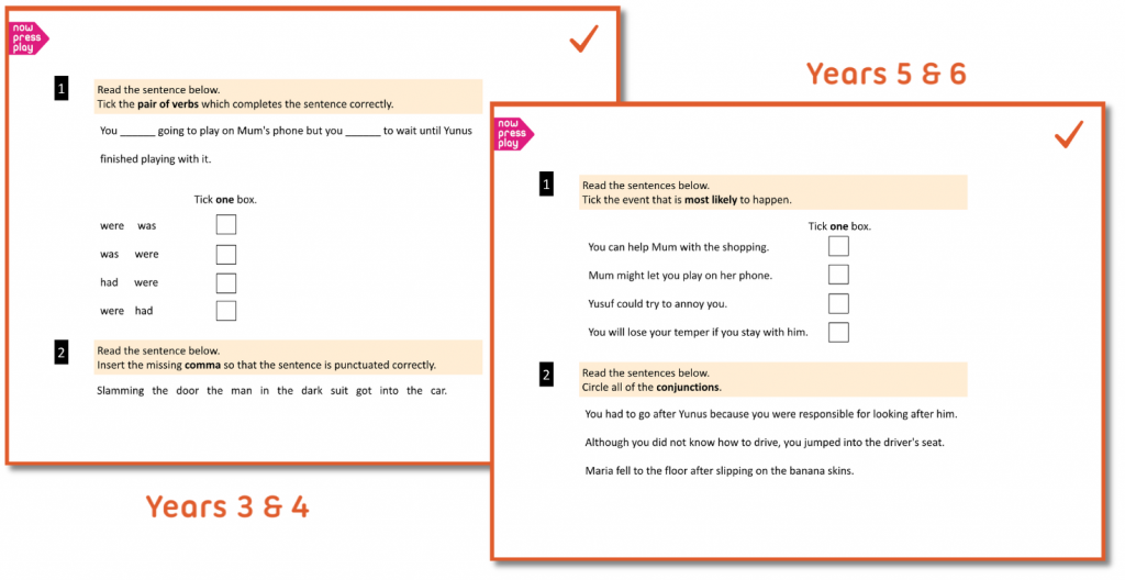 Slideshow showing Now Press Play KS2 Grammar & Punctuation questions linked to SPAG topic