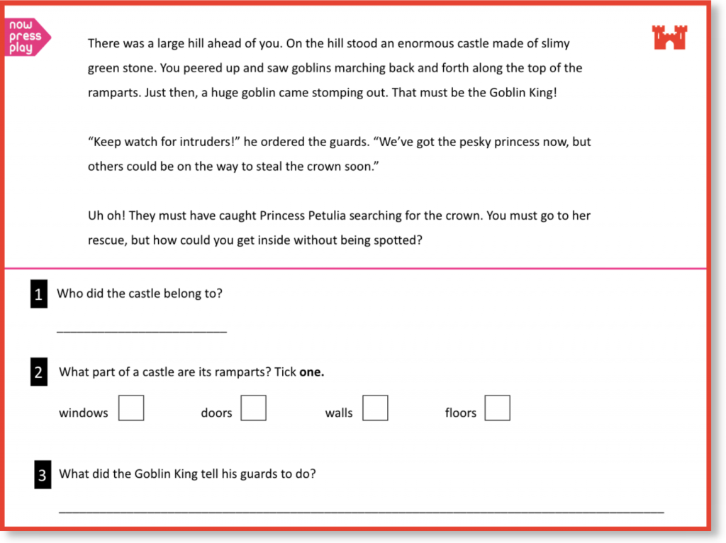 Example page of the Reading Comprehension for Now Press Play's KS1 Castles Experience
