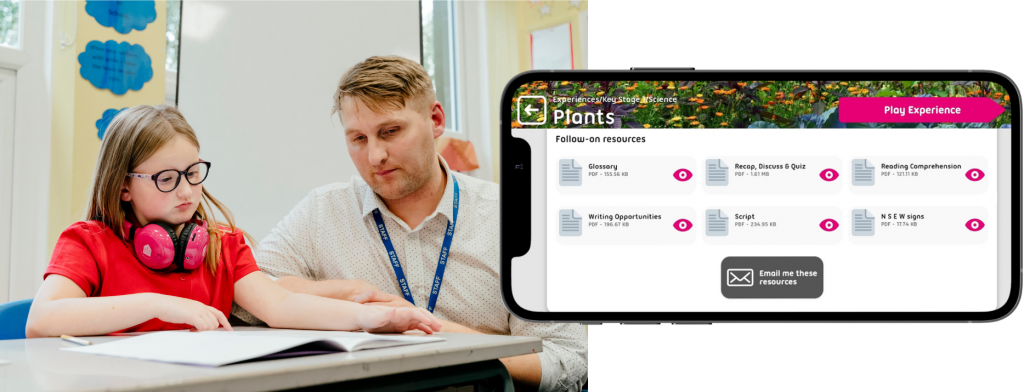 A teacher helps his student with her writing. Right: a phone screen showing Now Press Play follow-on resources available on the app.