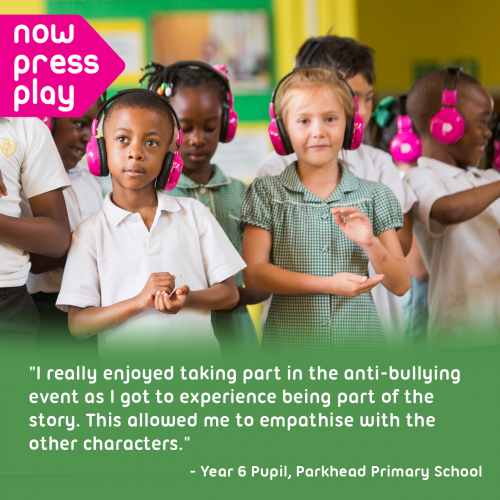 Children enjoy Now Press Play, with quote