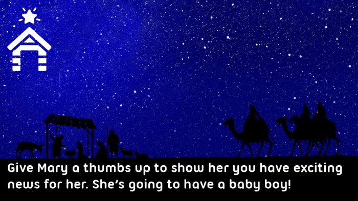 A nativity scene silhouetted against a night sky. Text reads: Give Mary a thumbs up to show her you have exciting news for her. She's going to have a baby boy!