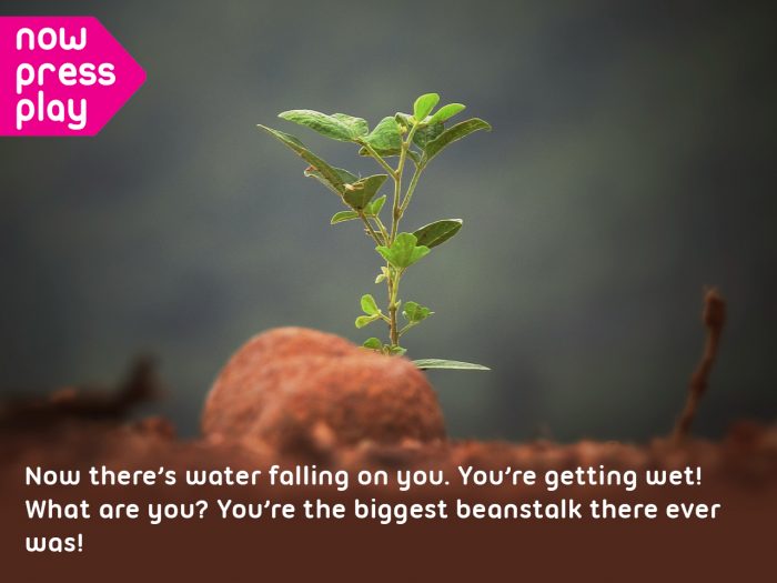 A beanstalk growing out of the ground, from Now Press Play's Jack and the Beanstalk Experience. Caption: Now there's water falling on you. You're getting wet! What are you? You're the biggest beanstalk there ever was!