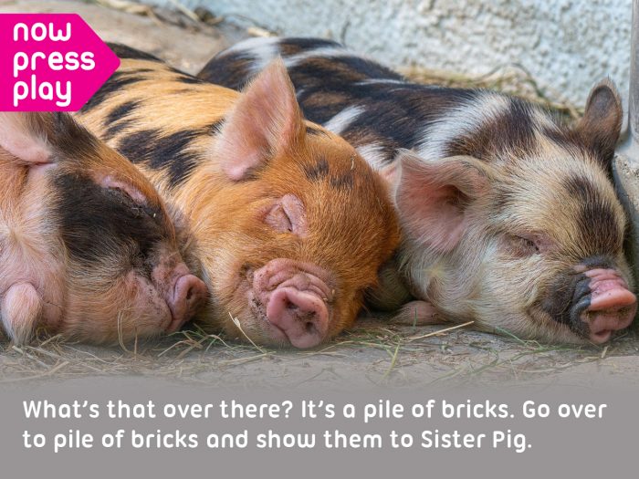 Three pigs lie on the ground sleeping, from Now Press Play's Three Little Pigs Experience. Text reads: What's that over there? It's a pile of bricks? Go over to the pile of bricks and show them to sister pig.