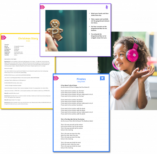 A selection of Now Press Play EYFS resources including a script, actions storyboard, and song sheet. Right: an EYFS student enjoys using Now Press Play with his class. He's wearing pink headphones and smiling.