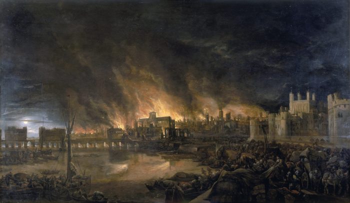 A painting of the Great Fire of London, as seen from the banks of the River Thames on a dark night.