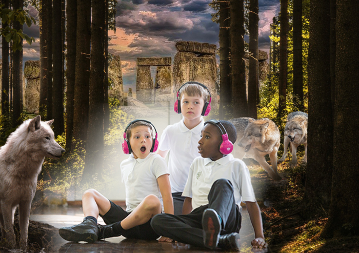 Three boys are wearing pink headphones and doing Now Press Play's Stone Age Experience. They are in a forest surrounded by wolves, with Stonehenge in the background.