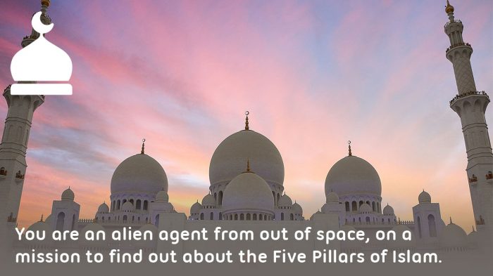 Picture of a mosque at sunset. Text reads: You are an alien agent from out of space, on a mission to find out about the Five Pillars of Islam.