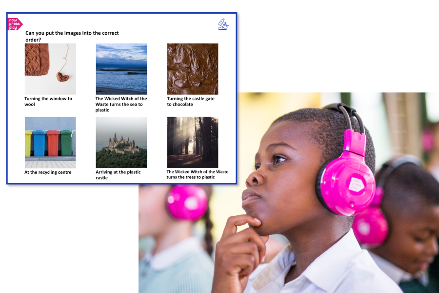 A school boy in pink Now Press Play headphones solves our new KS1 Story Jumble resource for deeper learning.