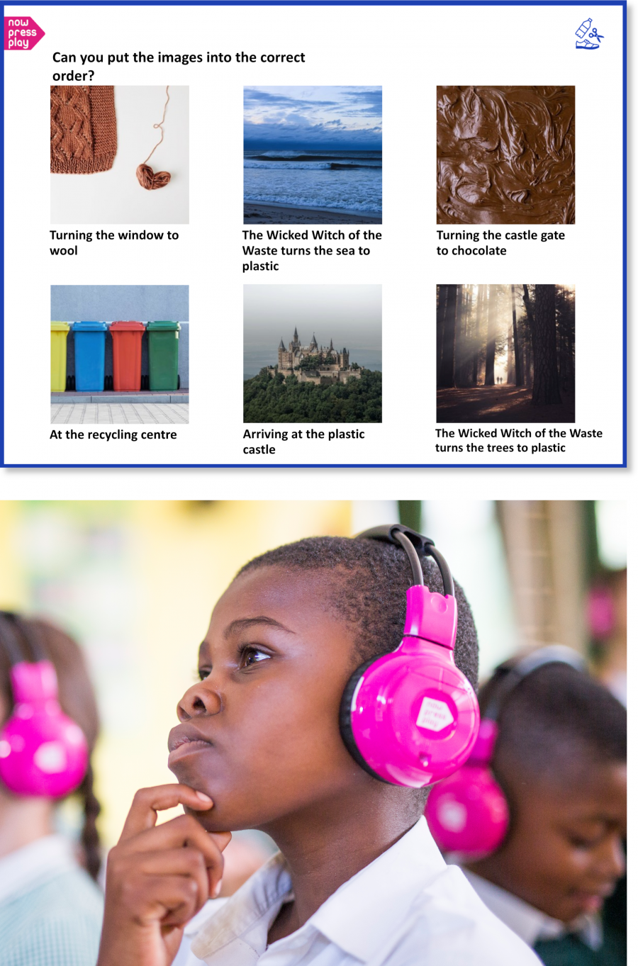 A school boy in pink Now Press Play headphones solves our new KS1 Story Jumble resource for deeper learning.