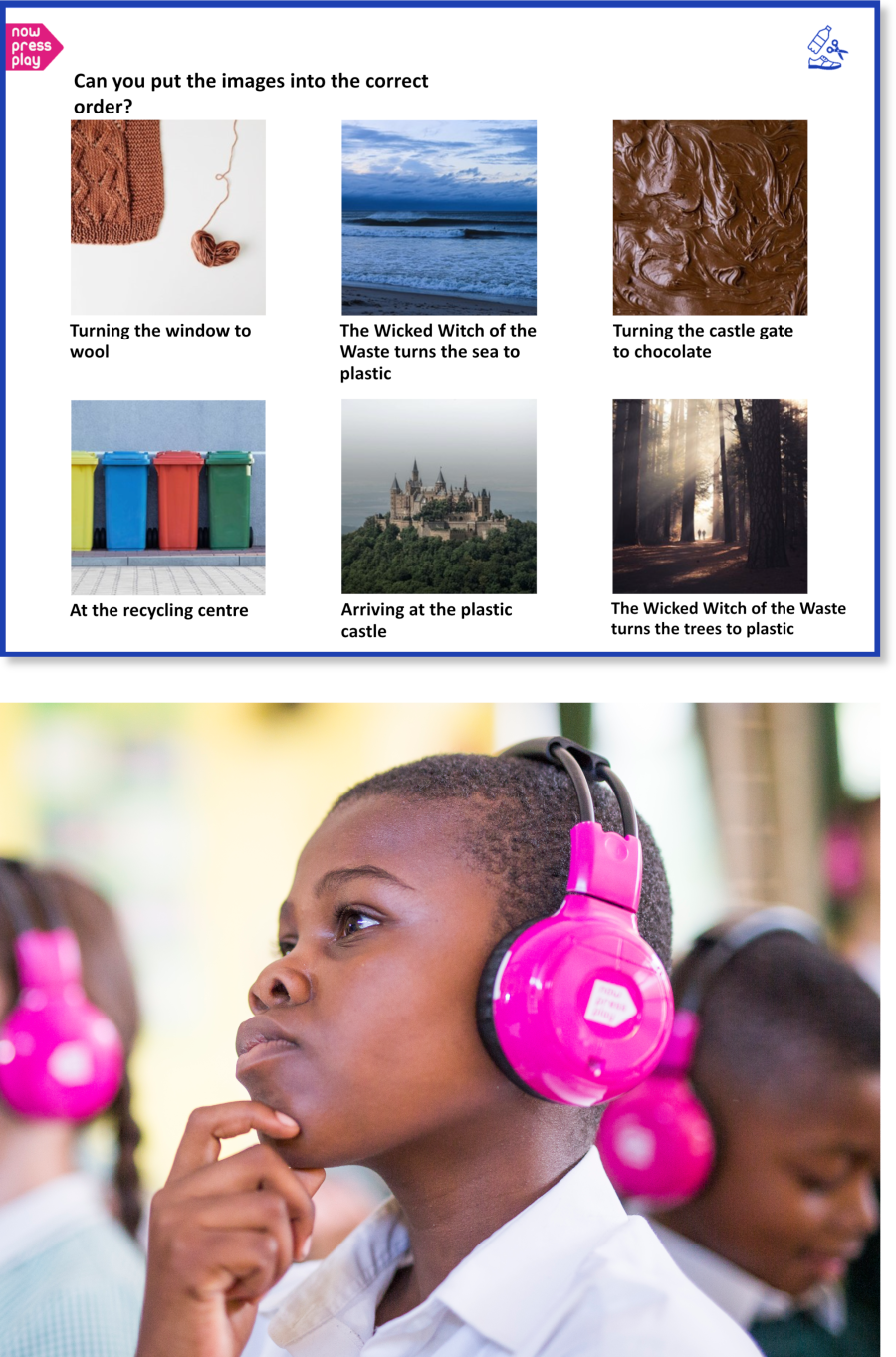 A school boy in pink Now Press Play headphones solves our new KS1 Story Jumble resource for deeper learning.