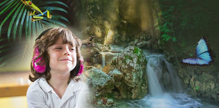 A young boy listening through pink headphones, immersed in an imaginary rainforest scene