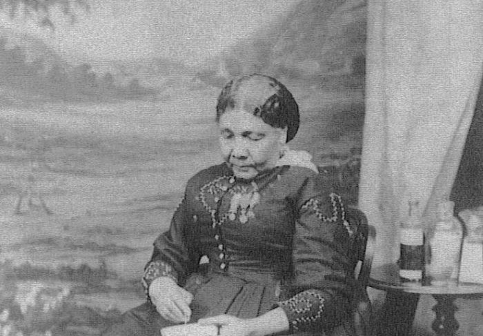 Black and white portrait of Mary Seacole sitting.
