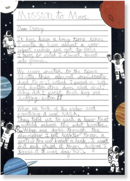 Example of creative writing from a child inspired by Now Press Play's Mission to Mars Experience (one of our science topics) and follow-on Writing Opportunities