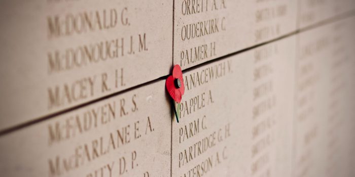 A red poppy stuck to a war memorial to honour the dead on Armistice Day.